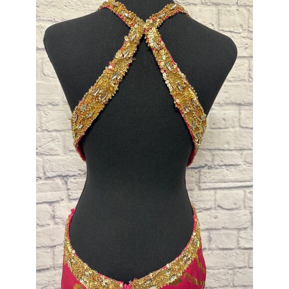 Mac Duggal Prom Hot Pink Gold Beaded Cut Out Open Back Formal Dress SZ 10 NWT - Picture 6 of 7